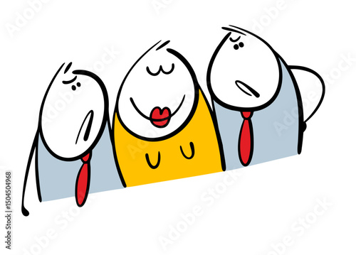 Funny love triangle, a young woman and two men. Vector caricature illustration of rivals seeking the attention of cartoon girl, looking aggressively.