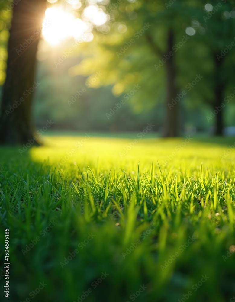 Close-up of rich green grass in sunny park. Summer landscape with fresh green blades illuminated by sunlight. Tranquil park scene with trees in background. Natural eco background for design. Close-up of rich green grass in sunny park. Summer landscape with fresh green blades illuminated by sunlight. Tranquil park scene with trees in background. Natural eco background for design.