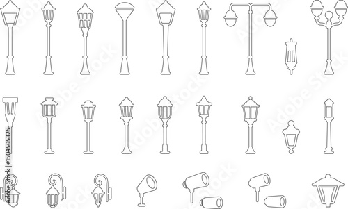 Outdoor lighting icons set. Devices for illumination of porch, walkway, path, garden, yard. Street lamp line icons collection. Park lights. Flat illustration Isolated on white background.
