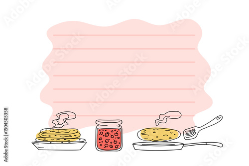 Cooking recipe baking, pancakes, blank background. Icon set, drawing, doodle. Frying pan, plate with food, jam in jar. Vector illustration. Background with space for text.