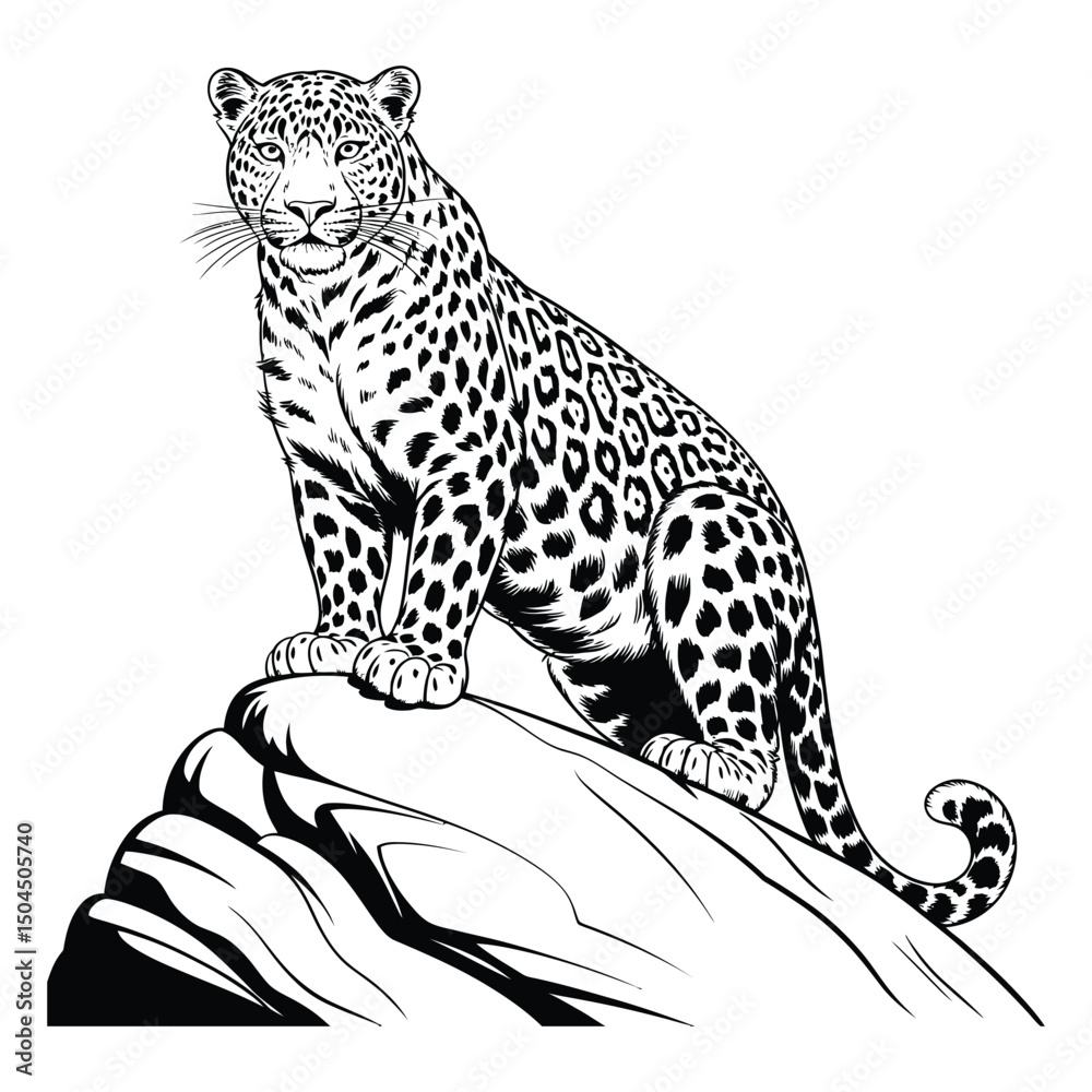 Fototapeta premium Amur Leopard on a rock Coloring Page, Silhouette, Vector, Illustration, Icon, Logo, White Background.