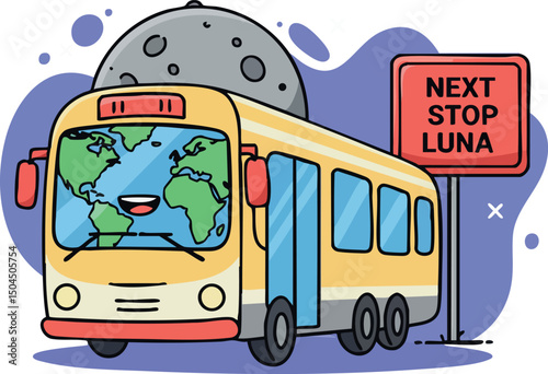 Cartoon Earth planet bus at next stop Luna with moon background vector illustration 