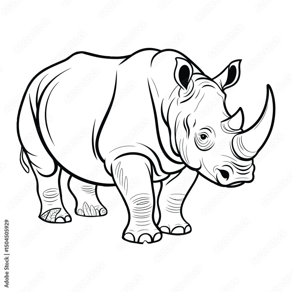 Fototapeta premium Javan Rhino in jungle Coloring Page, Silhouette, Vector, Illustration, Icon, Logo, White Background.