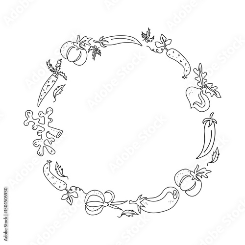 Frame, vegetable set, line drawing, doodle. Vegetarian natural food. Line art icons. Healthy food. Vector graphics. Blank background with space for text.