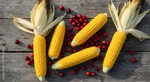 Fresh Corn Cobs and Cranberries on Wooden Table, Rustic Top View