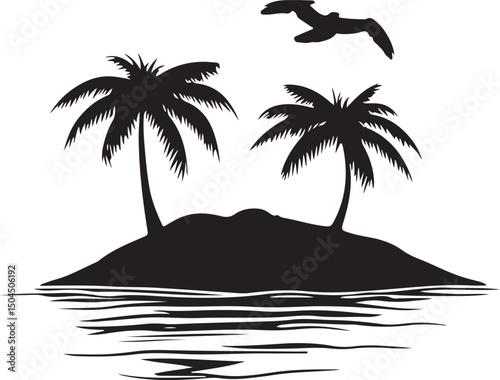 Palm Beach Tree Beach Silhouette Vector Illustration on Transparent Background