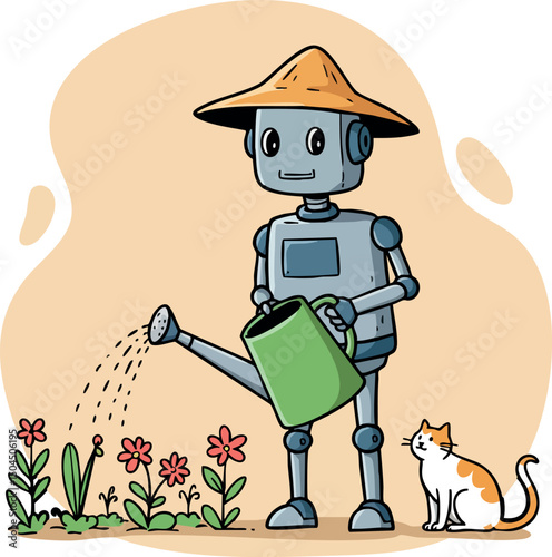 Robot watering flowers in garden with cat wearing straw hat vector illustration 