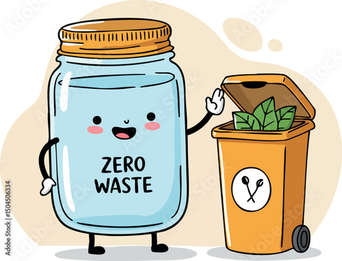 Zero Waste Jar Character with Organic Waste Bin Recycling Environmental Awareness Illustration 