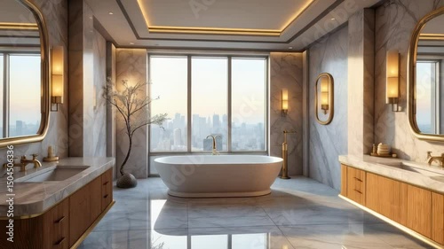Enjoy a tour of a luxurious vanity bathroom featuring quality furniture, elegant fixtures, and breathtaking city views from the window