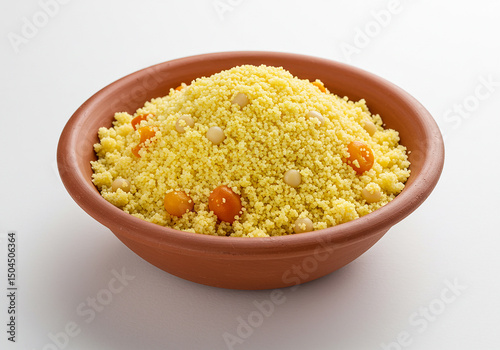 Couscous with chickpeas and carrots in a brown bowl