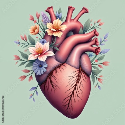 Illustration of human heart adorned with flowers love emotion compassion. Concept of good heartedness, health care, mental well-being. Perfect for designs about kindness, charity, healthcare, photo