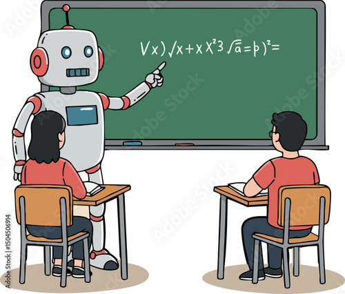 Robot teaching math to students in classroom with green chalkboard vector illustration 