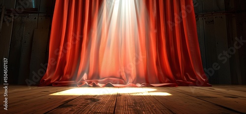 Red velvet curtains drawn back revealing a bright light shining through.  A dramatic stage setting.