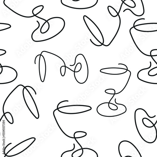 seamless pattern with a figured martini glass drawn with several lines in line art style arranged randomly