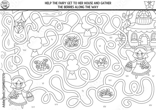 Black and white maze for kids with berry fairy, house, magic forest, woodland landscape. Fairytale princess preschool printable activity with cute girls. Labyrinth game, puzzle, coloring page