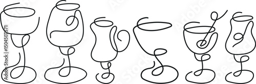 set of various icons with glasses for various drinks drawn with several lines in line art style
