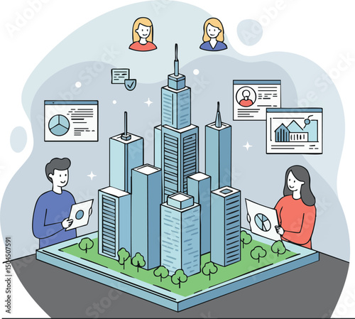 Business professionals collaborating on cityscape model with digital data and analytics vector illustration 