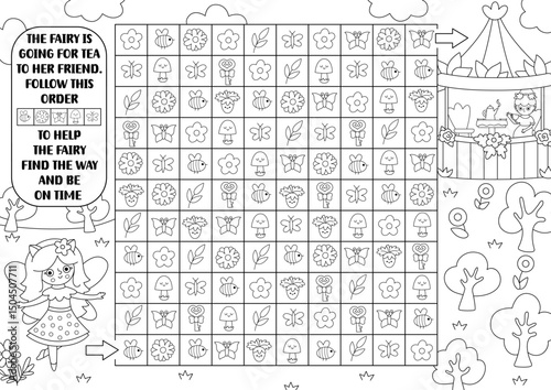 Woodland fairy black and white maze, seek and find game. Attention or follow order puzzle with girls drinking tea. Magic forest printable activity for kids. Fairytale logic puzzle, coloring page
