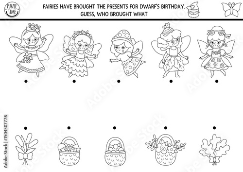 Woodland fairy black and white matching activity with little girls, presents for dwarf. Magic forest puzzle with flower, acorn, berry princess. Match objects game. Fairytale fantasy coloring page