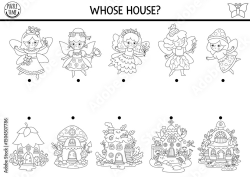 Woodland fairy black and white matching activity with little girls and houses. Magic forest puzzle with flower, acorn, berry princess, home. Match objects game. Fairytale fantasy coloring page