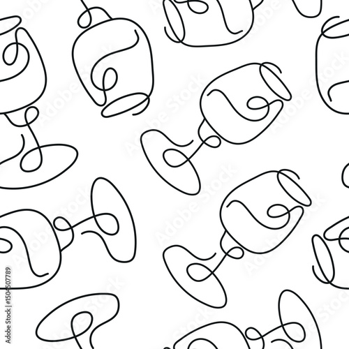 seamless pattern with a round glass for any wine drawn with several lines in line art style arranged randomly