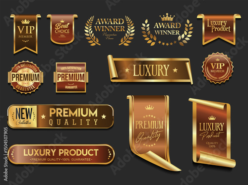 Golden luxury labels and badges gold premium quality certificate ribbons vector illustration 