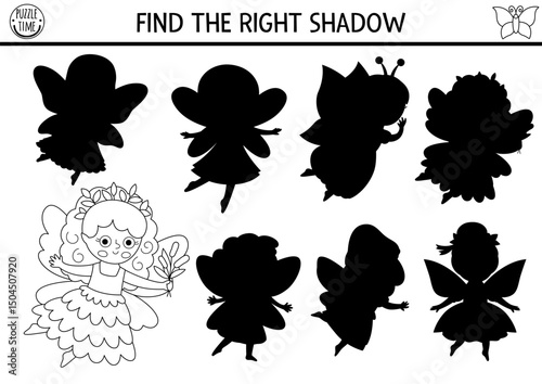 Woodland fairy black and white shadow matching activity. Magic forest puzzle with cute swamp princess. Find correct silhouette printable worksheet, game. Fairytale fantasy coloring page
