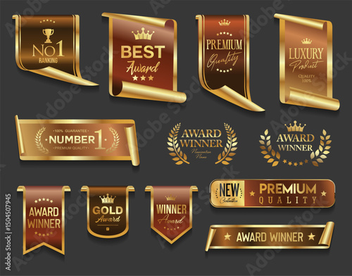 Golden luxury labels and badges gold premium quality certificate ribbons vector illustration 