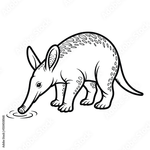 Aardvark sniffing around Coloring Page, Silhouette, Vector, Illustration, Icon, Logo, White Background.