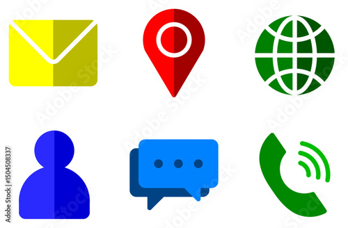 Message, pin location, browser, person, phone icon flat style