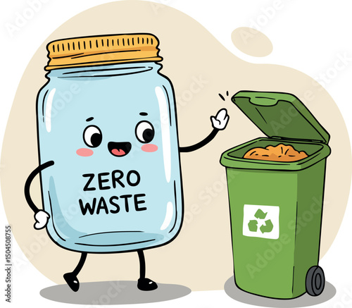 Zero Waste Concept with Happy Jar and Green Recycling Bin Illustration Vector 