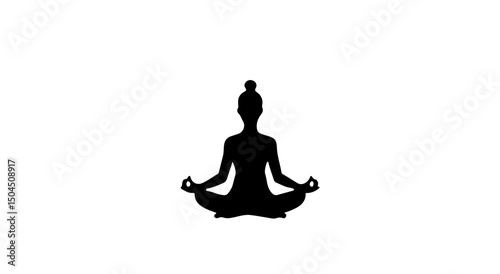 female person in yoga lotus position, symmetrical lines, centered composition, extra copy space top and right, crisp stroke, 16:9