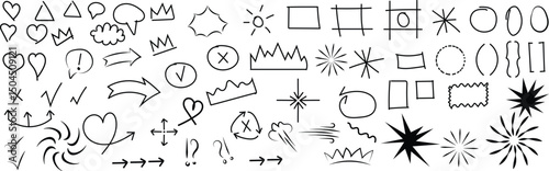 Hand drawn line element, doodle shapes  star, heart, sketch style circle, arrow, cloud speech bubble grunge element set