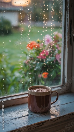 Hot Chocolate by the Window on a Rainy Day , Hot Chocolate by the Window with Raindrops , Cozy Hot Chocolate by the Window in Rustic Morning Light


