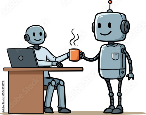 Robots enjoying coffee break together with laptop on desk friendly teamwork scene 