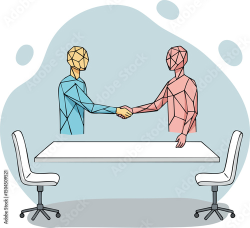 Businesspeople shaking hands across table in office vector illustration for cooperation and agreement 