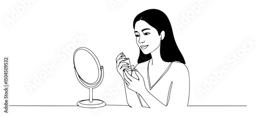 woman applying cosmetics in linear abstract art using minimal lines and clean curves