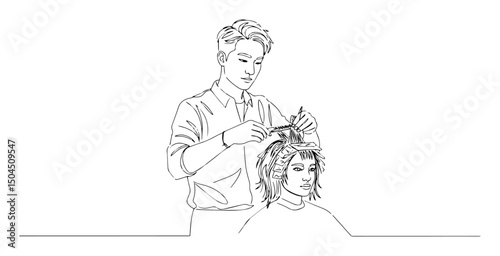 hairdresser styling client’s hair hand-drawn monoline art