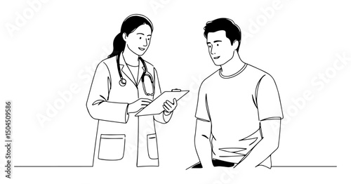 doctor consulting patient minimal hand-drawn one-line art in elegant clinical style