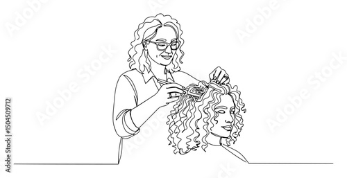 hairdresser styling curly hair of woman fluid vector illustration employing continuous minimal strokes and refined gradients