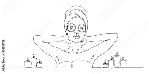 woman relaxing at spa with facial mask and candles hand-drawn monoline art