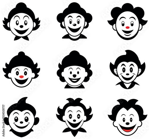 Cartoon Clown Faces Collection - Fun Expressive Vector Icons