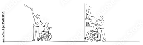 child helping adult in wheelchair reach shelf fluid one-line vector graphic