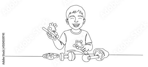 smiling boy playing with prosthetic hand graphic continuous contour line