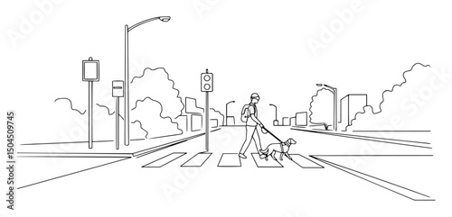blind man walking with guide dog on crosswalk fluid single-stroke drawing style characterized by simplicity and artistic elegance