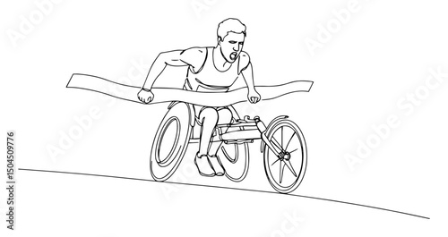 athlete in racing wheelchair crossing finish line fluid single-stroke drawing style characterized by simplicity and artistic elegance