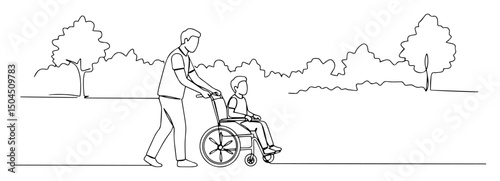 man pushing child in wheelchair through park fluid one-line vector graphic