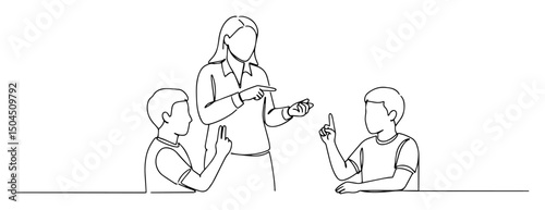 teacher helping students during class elegant outline portrait created with a single continuous black stroke