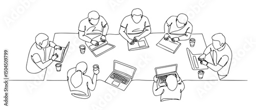 creative office team collaborating around table fluid single-stroke technique merged with rigid geometric frameworks