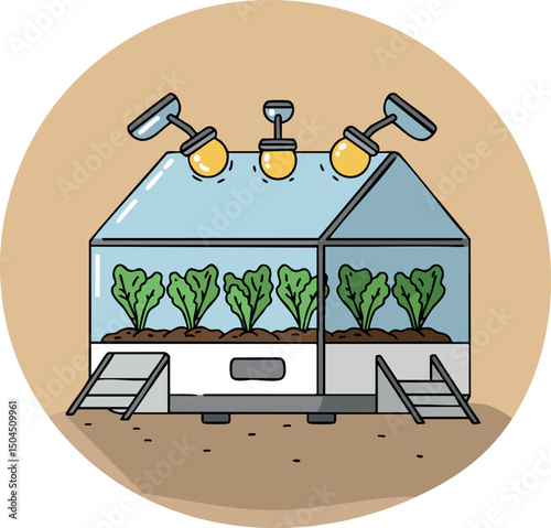 Indoor greenhouse with plants and grow lights in round design illustration vector 